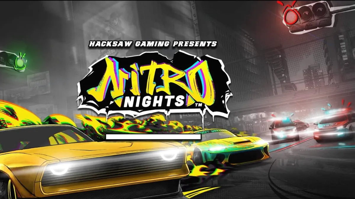Tampilan layar permainan slot Nitro Nights dengan tema balap mobil neon
